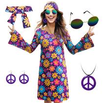 Vestido hippie MRYUWB dos anos 70 com colar, brincos, óculos de sol, roxo, XXL Vestido hippie MRYUWB dos anos 70 com colar, brincos, óculos de sol, roxo, XXL