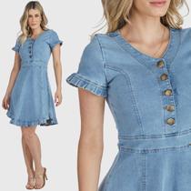 Vestido HNO Jeans Midi Manga Curta Babados na Barra e Manga Azul