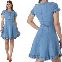 Vestido HNO Jeans Midi Manga Curta Babados na Barra e Manga Azul