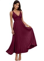 Vestido Hotexy plissado de dama de honra para casamento com decote em V vermelho vinho