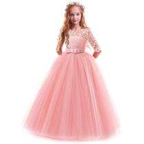 Vestido IBTOM CASTLE Flower Girls de renda e tule rosa 5-6 anos