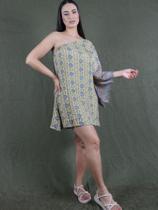 Vestido Indiano Curto Manga 3/4 Única Casual Básico Estampado