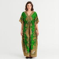 Vestido Indiano Kaftan Estampa Verde Longa