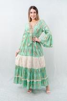 Vestido Indiano Longo Boho Chic Decote V Mangas Amplas 5051 Vestido Indiano Longo Boho Chic Decote V Mangas Amplas 5051