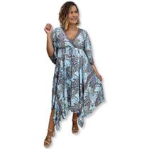 Vestido Indiano Longo Pontas, Manga e Decote V Toque de Seda Vestido Indiano Longo Pontas, Manga e Decote V Toque de Seda