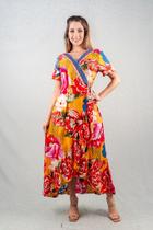 Vestido Indiano Transpassado Floral com Decote V MHI-302 Vestido Indiano Transpassado Floral com Decote V MHI-302