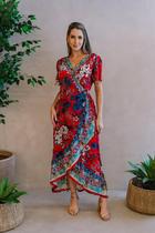 Vestido Indiano Transpassado Floral Decote V Manga 3/4 MHI-338