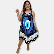 Vestido Indiano Trapézio com Bolso Estampa Olho Grego Ramos Vestido Indiano Trapézio com Bolso Estampa Olho Grego Ramos