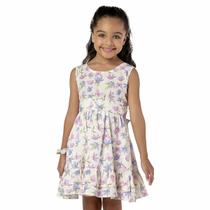 Vestido Infantil Algodão Estampado Flores Decote Costas e Scrunchie Vrasalon