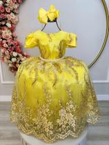Vestido Infantil Amarelo C/ Renda Dourada Realeza Pérolas Luxo Festa 2134AO - utchuk kids