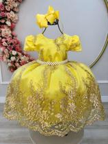 Vestido Infantil Amarelo C/ Renda Realeza Dourada e Pérolas super luxo 2190AD