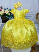 Vestido Infantil Amarelo C/ Renda Realeza e Cinto de Pérolas luxo festa 4610AC - utchuk kids