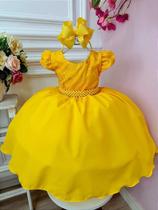 Vestido Infantil Amarelo com Busto de Renda e Cinto de Pérolas
