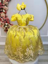 Vestido Infantil Amarelo com Renda Dourada Realeza Pérolas Luxo Festa 2134AO