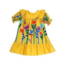 Vestido Infantil Amarelo Estampa Dança das Flores Tecido TAM:04