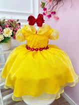 Vestido Infantil Amarelo Princesa Bela e a Fera C/ Flores Luxo Festa 1293AM