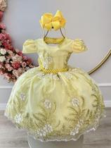 Vestido Infantil Amarelo Renda Realeza Cinto de Pérolas Damas Super luxo festa 1100AB