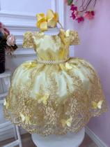 Vestido Infantil Amarelo Renda Realeza e Aplique Borboletas super Luxo Festa 2246AM