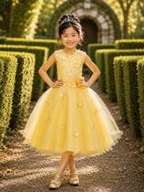 Vestido Infantil Amarelo Rendado Luxo Flores Em Aplique Luxo Vestido Infantil Amarelo Rendado Luxo Flores Em Aplique Luxo