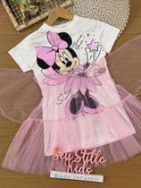 Vestido Infantil Animê Verão Branco com Sobreposição Rosa Minnie Disney