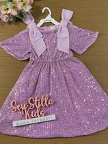 Vestido Infantil Animê Verão Tule Rosa com Paetê