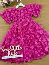 Vestido Infantil Animê Verão Tule Rosa Tule Flores 3D