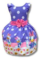 Vestido Infantil Aniv Margaridas Lilás Com Laço Rosas E Poa