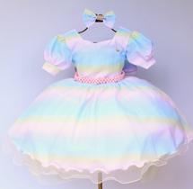 Vestido Infantil Arco Íris Unicórnio Luxo Com Tiara Vestido Infantil Arco Íris Unicórnio Luxo Com Tiara