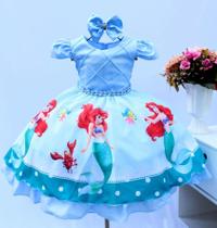 Vestido Infantil Ariel Azul Tiffany Princesa Luxo E Tiara