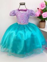 Vestido infantil ariel princesa do mar lilás e verde renda festa luxo