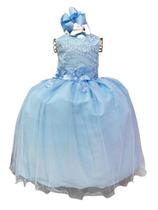 Vestido Infantil Azul Bebê C/ Renda E Apliques Pérolas Damas - vila lelê