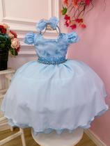 Vestido Infantil Azul Bebê C/ Renda e Cinto de Pérolas Tiara