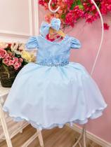 Vestido Infantil Azul Bebê C/ Renda e Cinto de Pérolas Tiara - puzzle