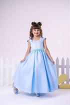 Vestido Infantil Azul Bebê com Cinto de Pérolas Longo em Tule Vestido Infantil Azul Bebê com Cinto de Pérolas Longo em Tule