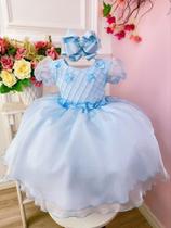 Vestido Infantil Azul Bebê Princesas Aurora C/ Aplique Flores Luxo Festa 1293AB4