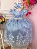 Vestido Infantil Azul C/ a Renda Realeza e Cinto de Pérolas Luxo Festa 2259AZ