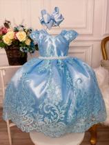 Vestido Infantil Azul C/ Renda Realeza e Cinto de Pérolas luxo festa 4610AL - Utchuk Kids