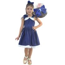 Vestido Infantil Azul Casual Menina Elegante + Laço