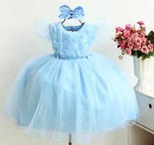 Vestido Infantil Azul Cinderela Luxo Princesa Daminha E Tiara
