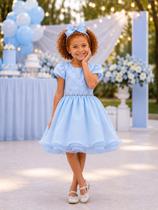 Vestido Infantil Azul Cinto de Pérolas Busto Nervuras Luxo
