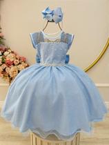 Vestido Infantil Azul Claro com Pérolas e Saia Glitter para Daminhas de Honra