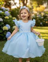 Vestido Infantil Azul Claro Saia Com Tule e Glitter Daminha Brinde Laço cabelo