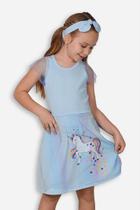 Vestido Infantil Azul Claro Unicórnio, Saia Avental de Tule Colorido - Big Bless