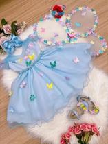Vestido Infantil Azul com Aplique de Borboletas e Asa de Borboletas - Kit Completo Vestido Infantil Azul com Aplique de Borboletas e Asa de Borboletas - Kit Completo