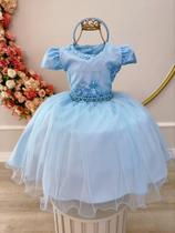 Vestido Infantil Azul Com Cinto de Pérolas e Renda Festas - closet kids