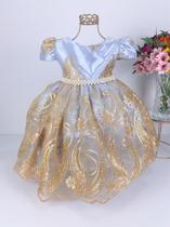 Vestido Infantil Azul Com Dourado Realeza Princesa Frozen Aniversário Festa Luxo - Baby's