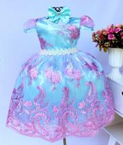 Vestido Infantil Azul Com Renda Sereia Luxo E Tiara Vestido Infantil Azul Com Renda Sereia Luxo E Tiara