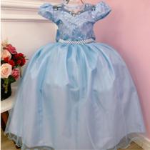 Vestido infantil azul dama honra casamento renda e pérolas