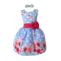 Vestido Infantil Azul E Laço Rosa C/ Poa Branco Floral Vestido Infantil Azul E Laço Rosa C/ Poa Branco Floral