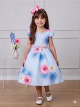Vestido Infantil Azul Florido com Cinto de Pérolas - Tamanhos Disponíveis Vestido Infantil Azul Florido com Cinto de Pérolas - Tamanhos Disponíveis